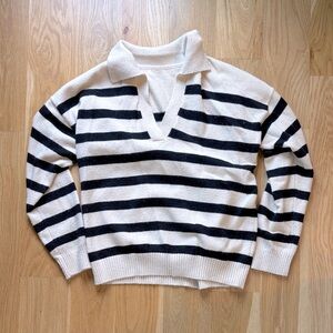 Striped Black and Cream Collared V-Neck Sweater